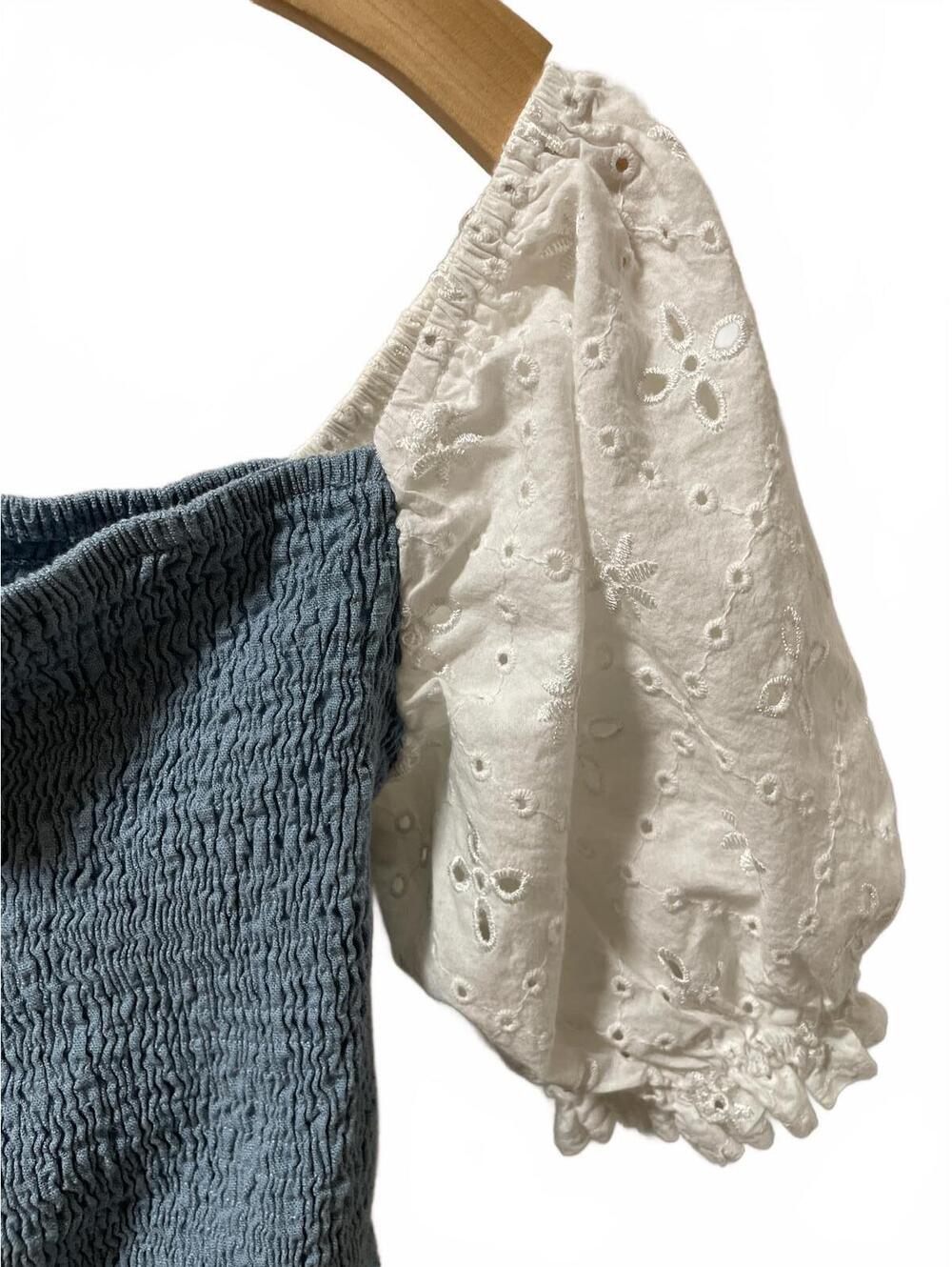 Strut & Bolt Blouse Top Womens Size Small Blue White Boho Peasant Balloon Sleave - Picture 3 of 7